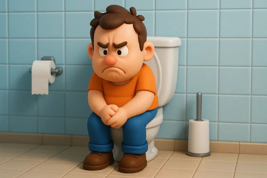 변기에 앉아아서 힘들어하는 남성