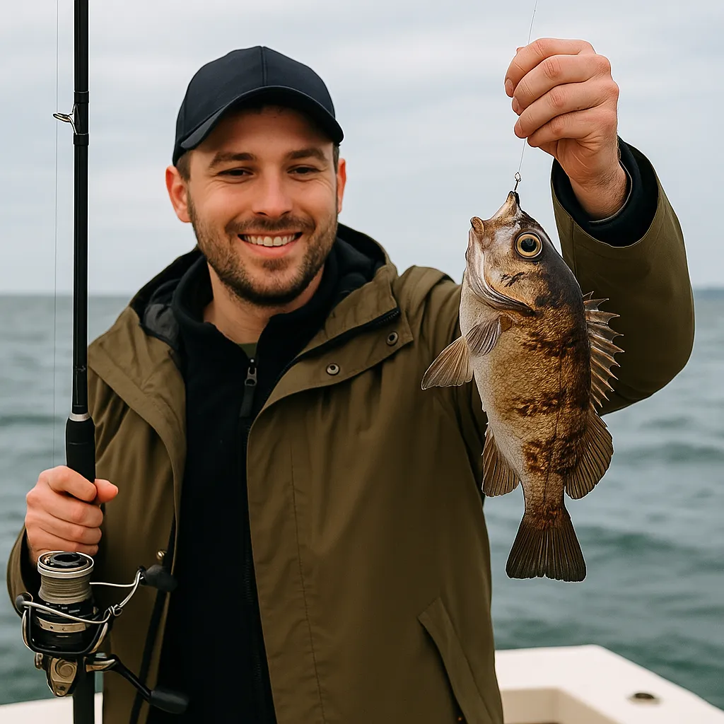 바다에서 볼락을 낚아올리는 낚시꾼 모습