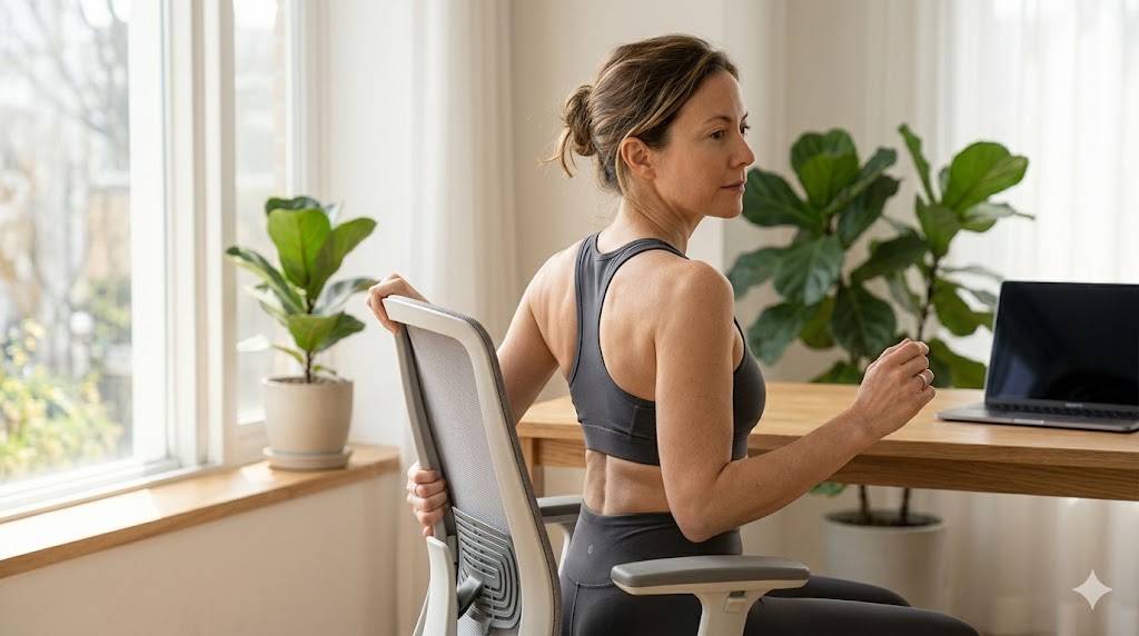 "깔끔한 화이트 톤의 오피스 환경에서 한 여성이 사무용 의자에 바르게 앉아 등받이 윗부분을 한 손으로 잡고 몸통을 뒤로 천천히 회전하는 스트레칭을 하고 있다. 등 근육 이완과 척추 유연성 향상을 시각적으로 보여주는 실사 이미지."