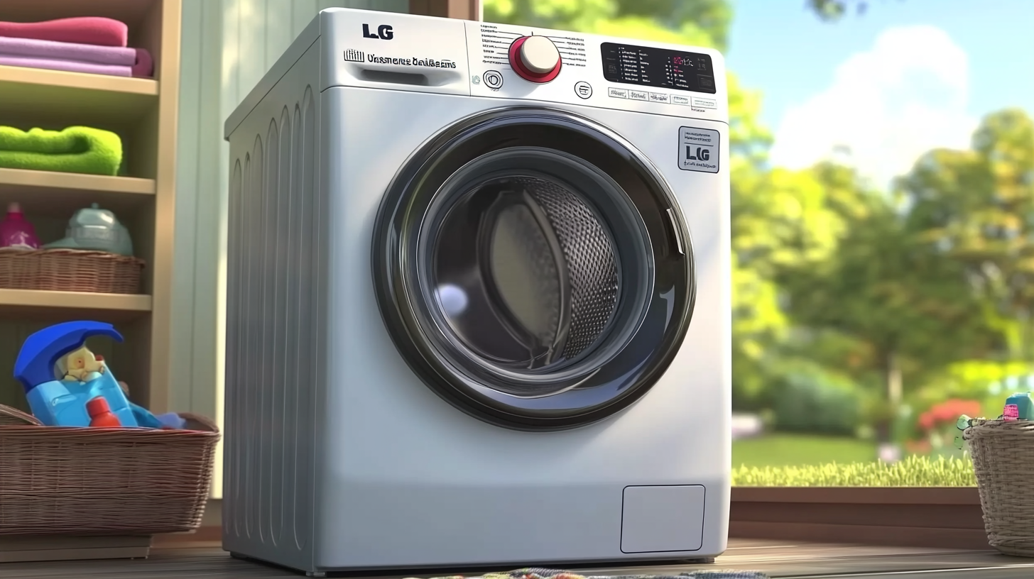 환경 보호와 비용 절감 혜택을 상징하는 친환경적인 환경 속 에너지 효율이 높은 LG 세탁기.