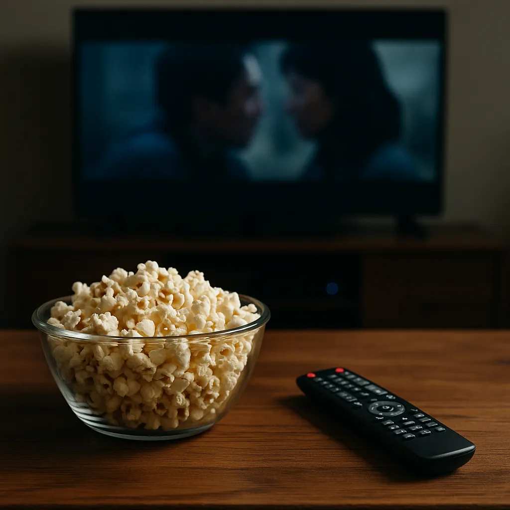 TV 앞 테이블에 놓인 팝콘과 리모컨
