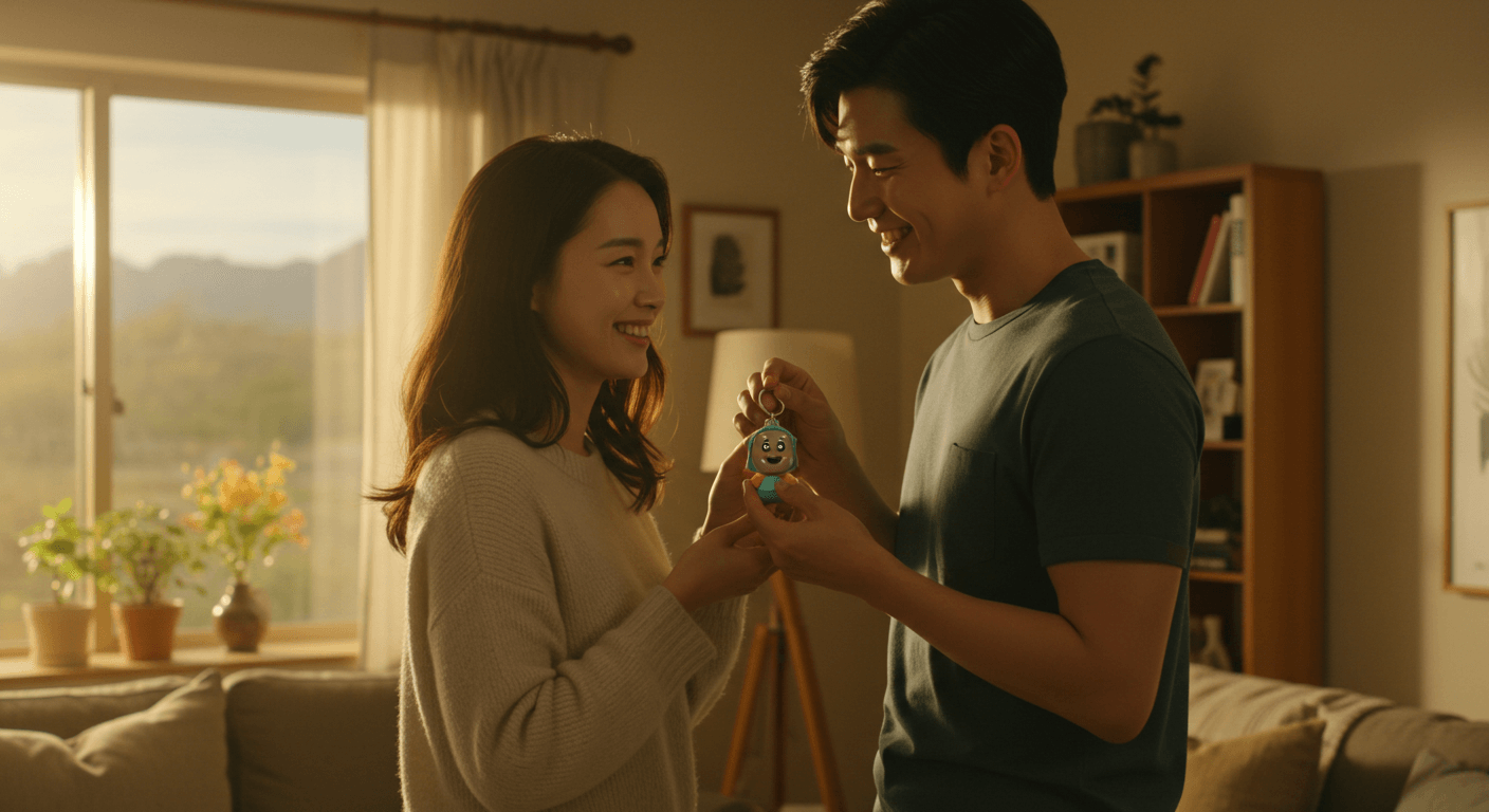 커플이 크라이베이비 키링을 주고받으며 따뜻하게 미소 짓는 장면 3