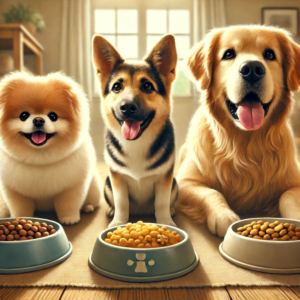 소형견, 중형견, 대형견이 사료를 맛있게 먹는 사진