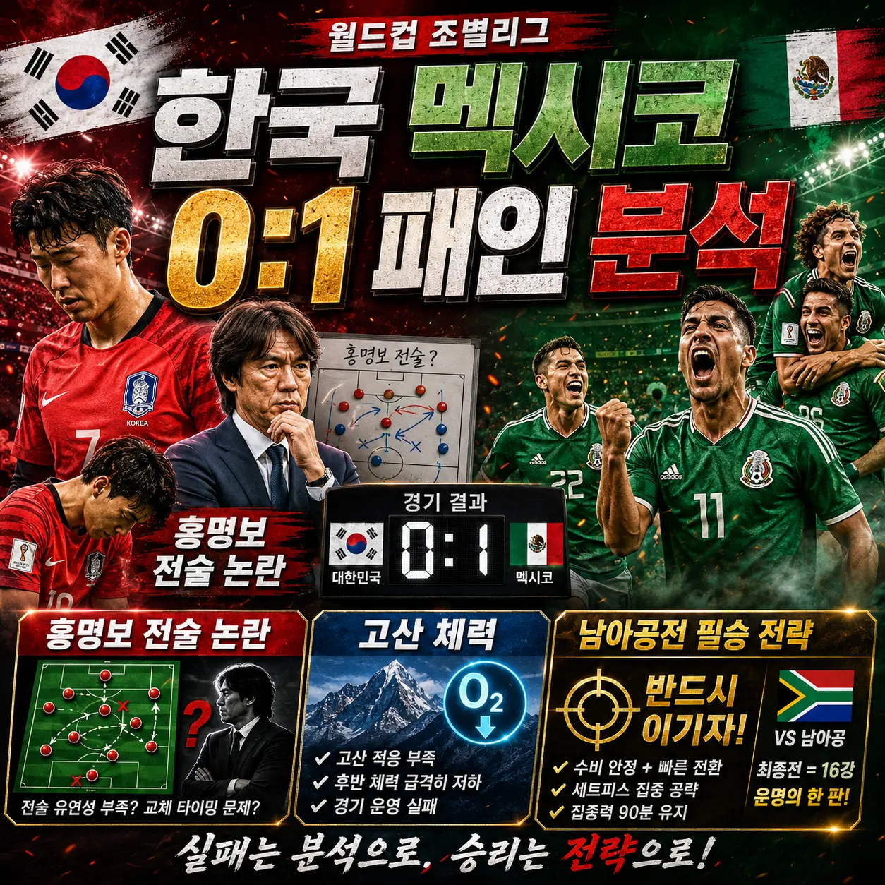 한국 멕시코 0:1 패인 분석 홍명보 전술 논란 고산 체력 남아공전 필승 전략 2026 월드컵