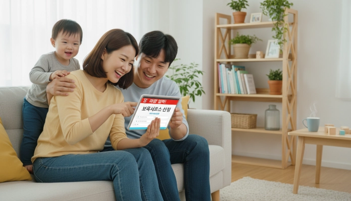 사랑스러운 아기와 함께 태블릿으로 2026년 영유아 보육서비스 사전 신청 서류를 확인하는 한국인 부부의 모습. 밝고 희망찬 분위기 속에서 신청의 중요성을 강조합니다.