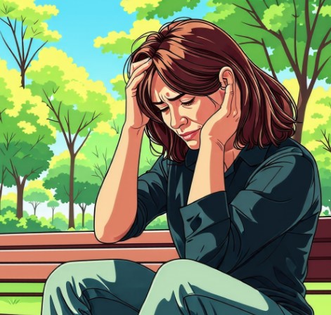 한 여성이 아픈 머리에 손을 올리고, 공원 의자에 앉아 있습니다.