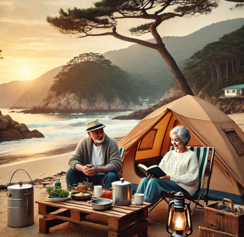 은퇴후 섬에서 여행을 즐기는 부부 사진