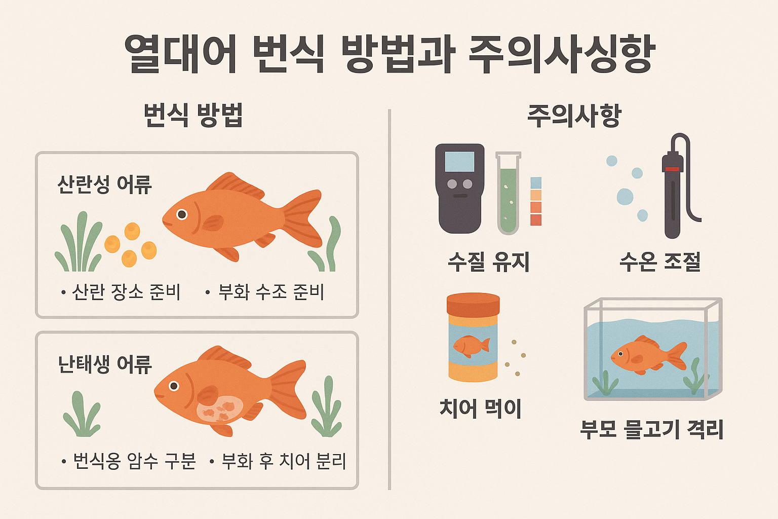 물고기 번식 방법과 주의사항을 설명한 인포그래픽. 좌측에는 산란성 어류와 난태생 어류의 번식 방법이 일러스트와 함께 정리되어 있다. 산란성 어류는 알을 낳고 부화 장소를 준비해야 하며, 난태생 어류는 암수를 구분해 치어를 분리해야 함을 강조한다. 우측에는 번식 시 주의사항으로 수질 유지 장비, 수온 조절기, 치어 먹이통, 부모 물고기 격리 어항 등의 아이콘이 있으며, 각각의 중요성이 간단한 문구로 설명되어 있다.