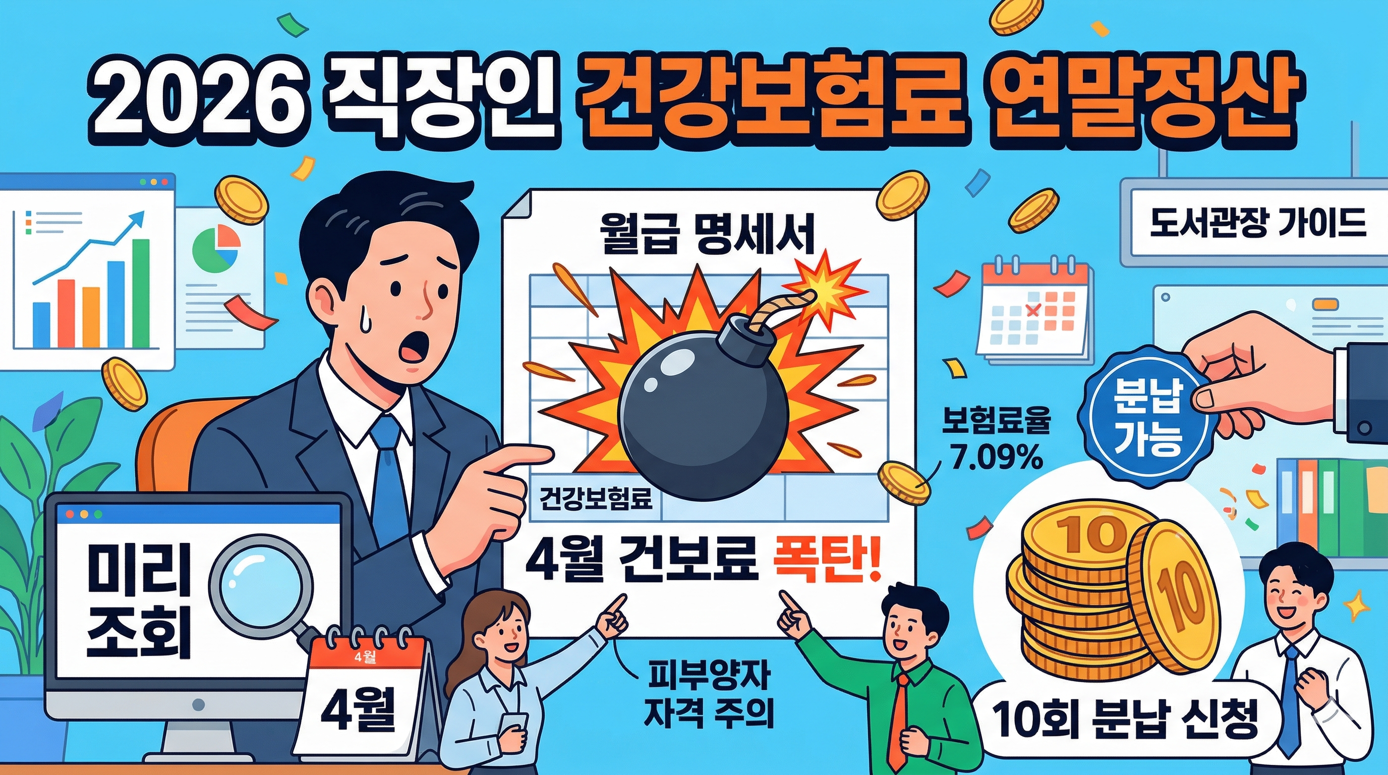 2026년 직장인 건보료 연말정산 안내 인포그래픽으로, 4월 급여 명세서의 '건보료 폭탄'에 대비해 미리 조회하는 법과 10회 분납 신청 방법을 설명합니다. 당황한 직장인 캐릭터와 함께 보험료율 7.09%, 피부양자 자격 주의 등 핵심 정보를 시각적으로 강조한 이미지입니다.