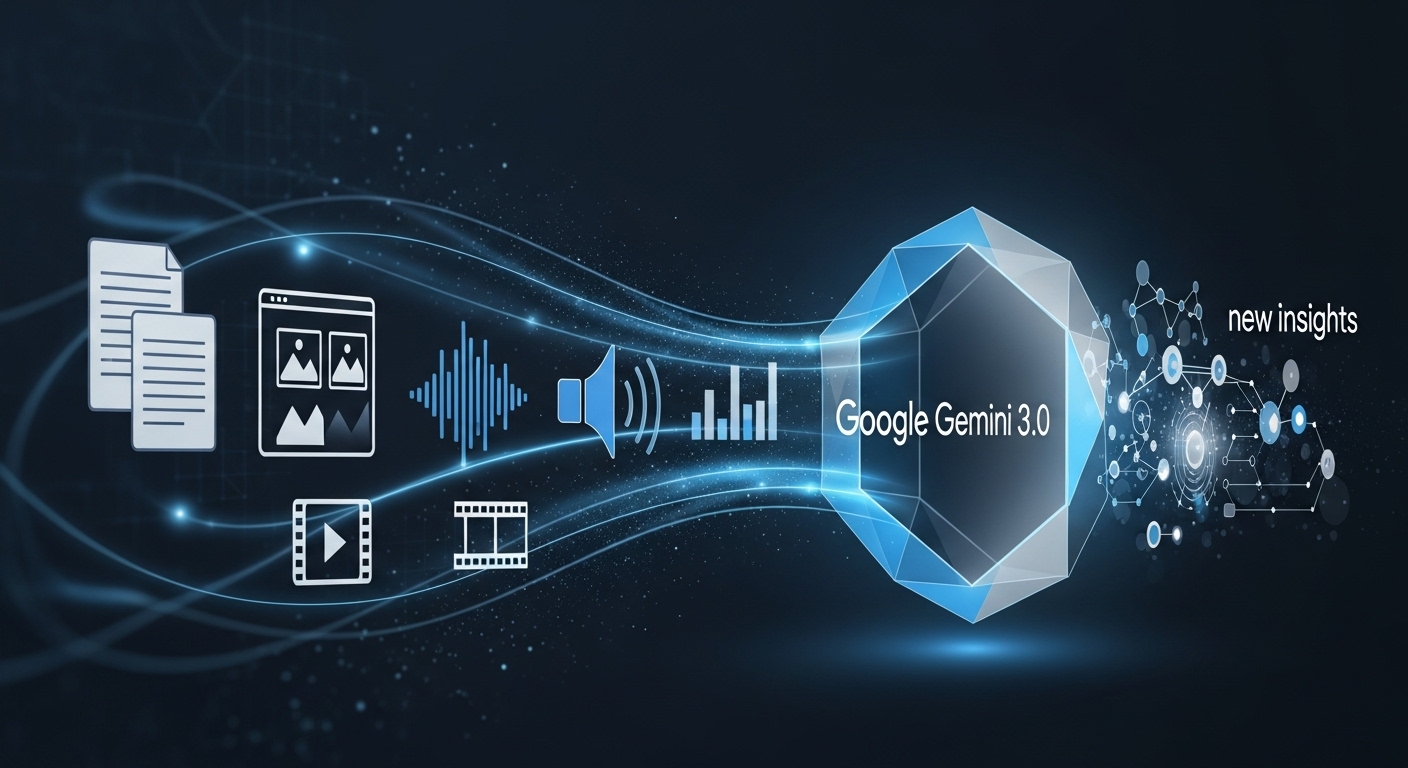 텍스트, 이미지, 오디오, 비디오 등 다양한 형태의 데이터가 구글 제미나이 3.0으로 흘러 들어가 처리되는 과정을 시각적으로 표현한 추상적인 일러스트.