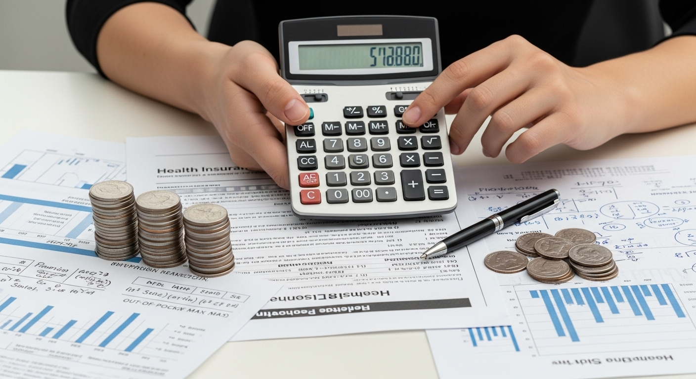 계산기와 동전이 놓여 있으며, 건강보험료 고지서를 분석하는 모습