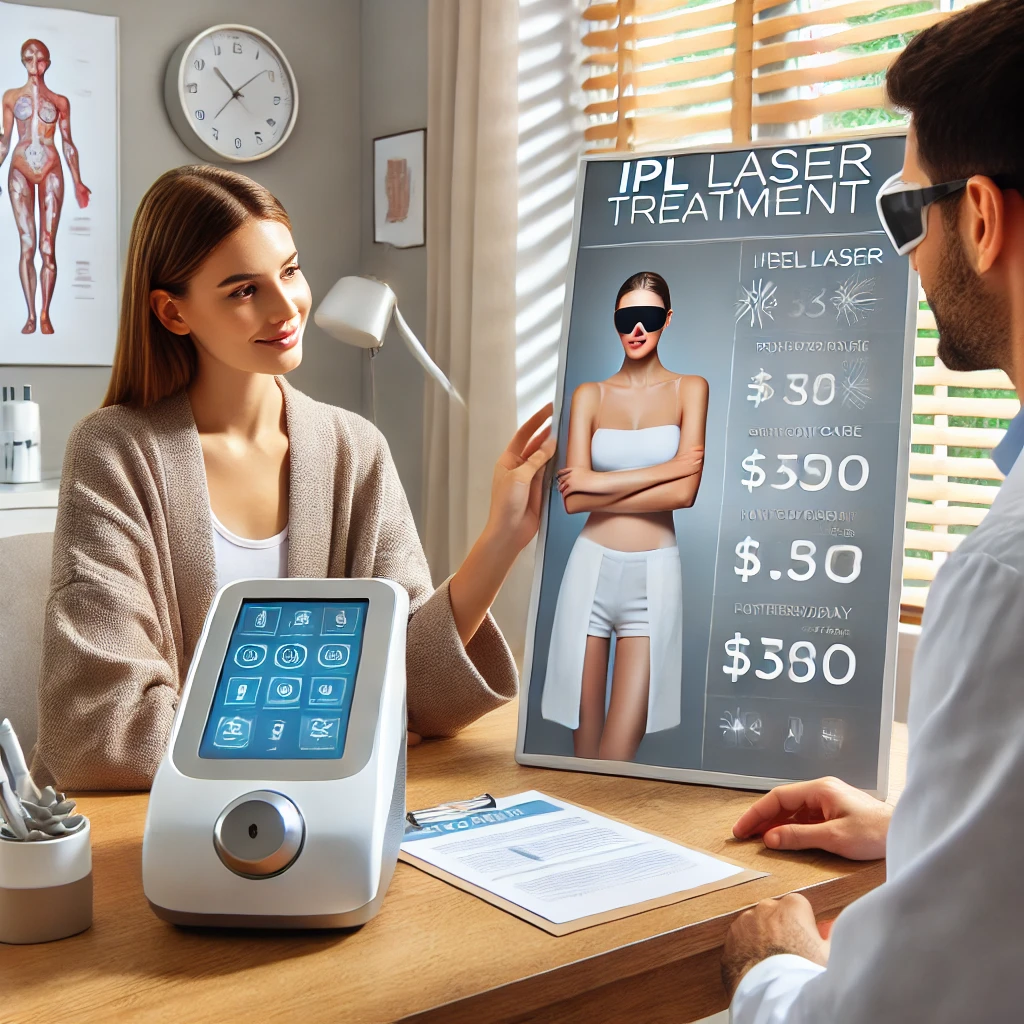 부 관리 전문가가 IPL 레이저 시술의 가격과 효과에 대해 환자에게 설명하는 상담 장면. 현대적이고 전문적인 클리닉 환경.