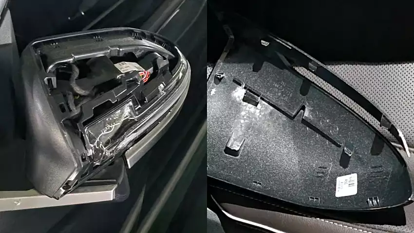 사고로 운전석 사이드 미러가 파손된 상태였습니다.