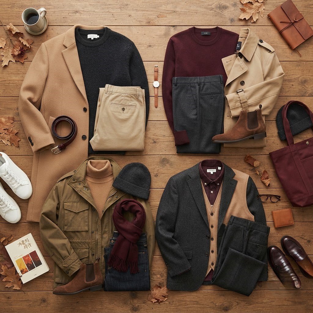 Flat lay photo of men's autumn fashion items in camel, charcoal, and burgundy tones, including a coat, sweater, and trousers, arranged neatly on a wooden surface, soft studio lighting, muted warm tones