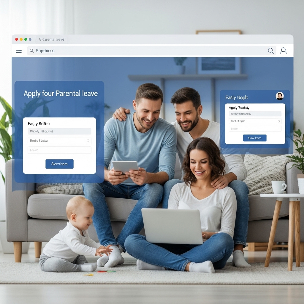 노트북으로 육아휴직 급여를 온라인으로 간편하게 신청하는 행복한 부부와 그 옆에서 노는 아기
