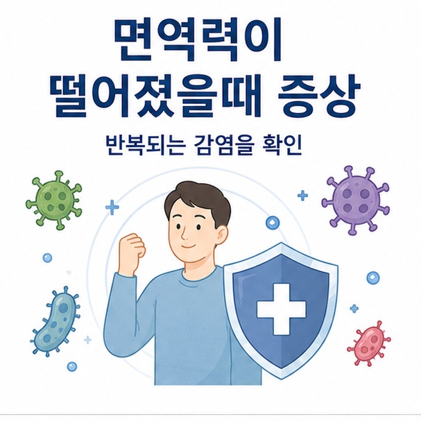 방패 모양의 면역체계와 사람을 함께 배치해 면역력이 떨어졌을때 증상에서 반복 감염을 살펴봐야 한다는 내용을 표현한 대표 이미지