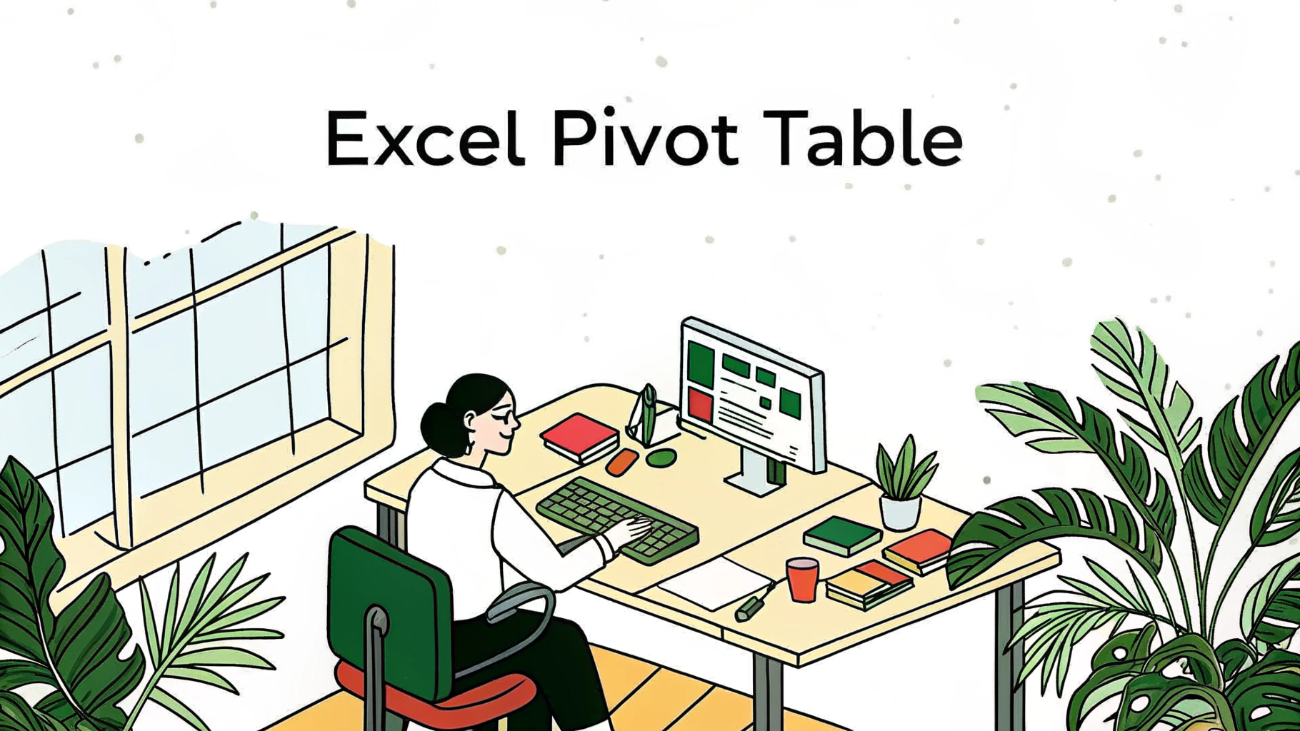 책상에 앉아 데스크탑 컴퓨터로 엑셀 피벗 테이블을 작업 중인 여성을 묘사한 일러스트로, 창문과 화분, 사무용품이 어우러진 쾌적한 오피스 환경이 표현됨.