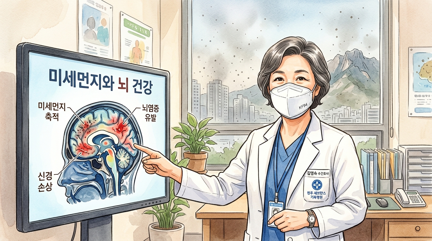 간호사가 KF94 마스크를 쓰고 초미세먼지가 뇌건강에 미치는 영향에 대하여 설명하고 있는 모습.