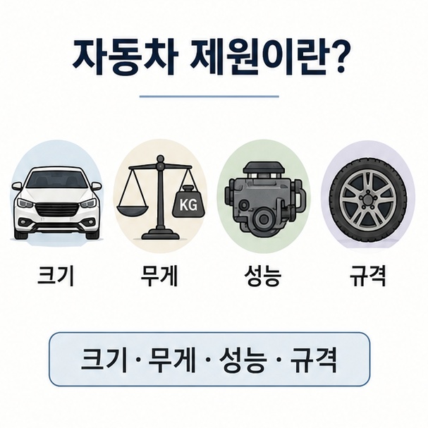 자동차 제원이 크기와 무게, 성능과 규격 정보를 뜻한다는 설명 이미지