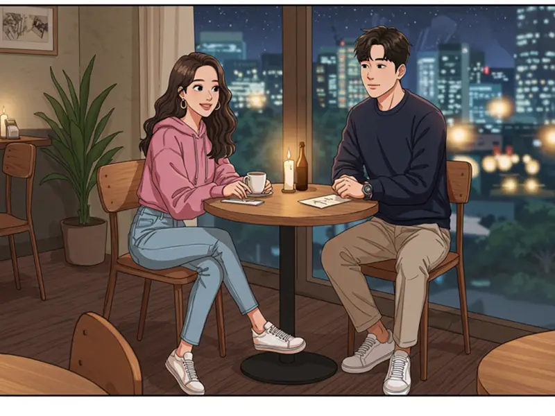 커플이 기념일을 축하하며 카페에서 촛불 아래 손편지를 읽는 로맨틱한 순간을 담은 일러스트