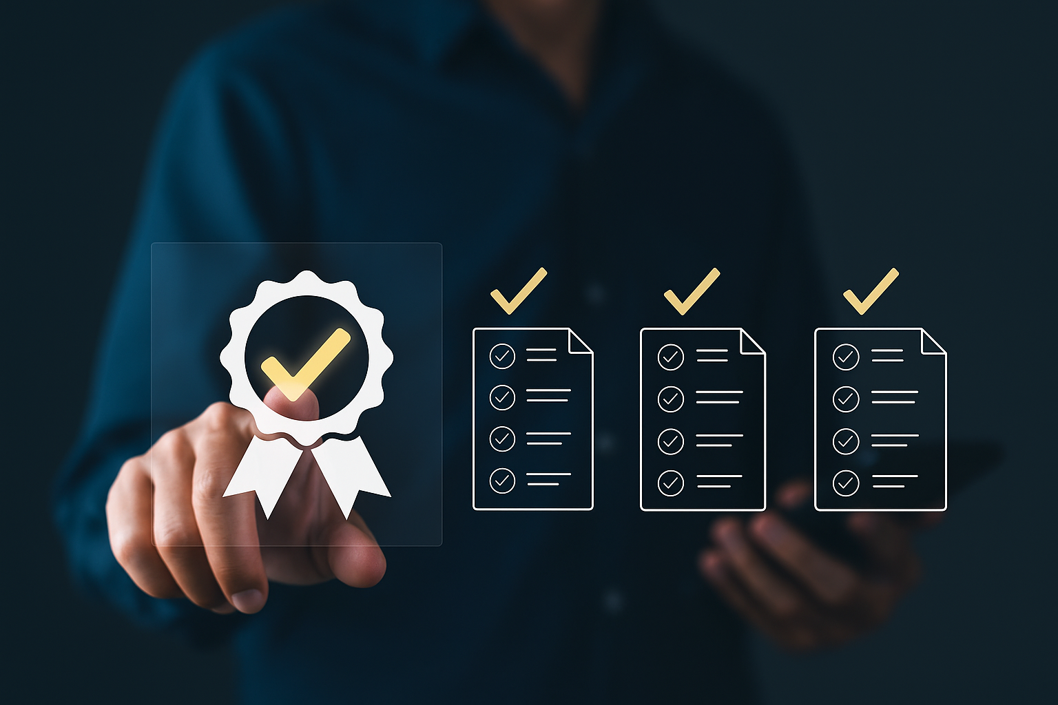 어두운 배경 앞에서 정장을 입은 사람이 자격증 아이콘과 체크리스트 항목을 가리키는 모습으로, 자격증 취득을 통한 취업 준비 과정을 상징적으로 표현한 이미지입니다.