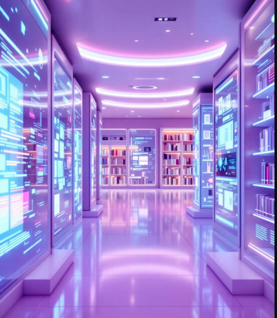 미래적인 디지털 도서관 내부 모습. 빛나는 네온 조명이 공간을 가득 채우고 있으며, 양쪽 벽면에는 디지털 스크린과 전통적인 책장이 조화롭게 배치되어 있다. 스크린에는 데이터와 그래프, 논문의 주요 내용이 표시되어 있어 첨단 기술과 학문의 융합을 상징적으로 보여준다