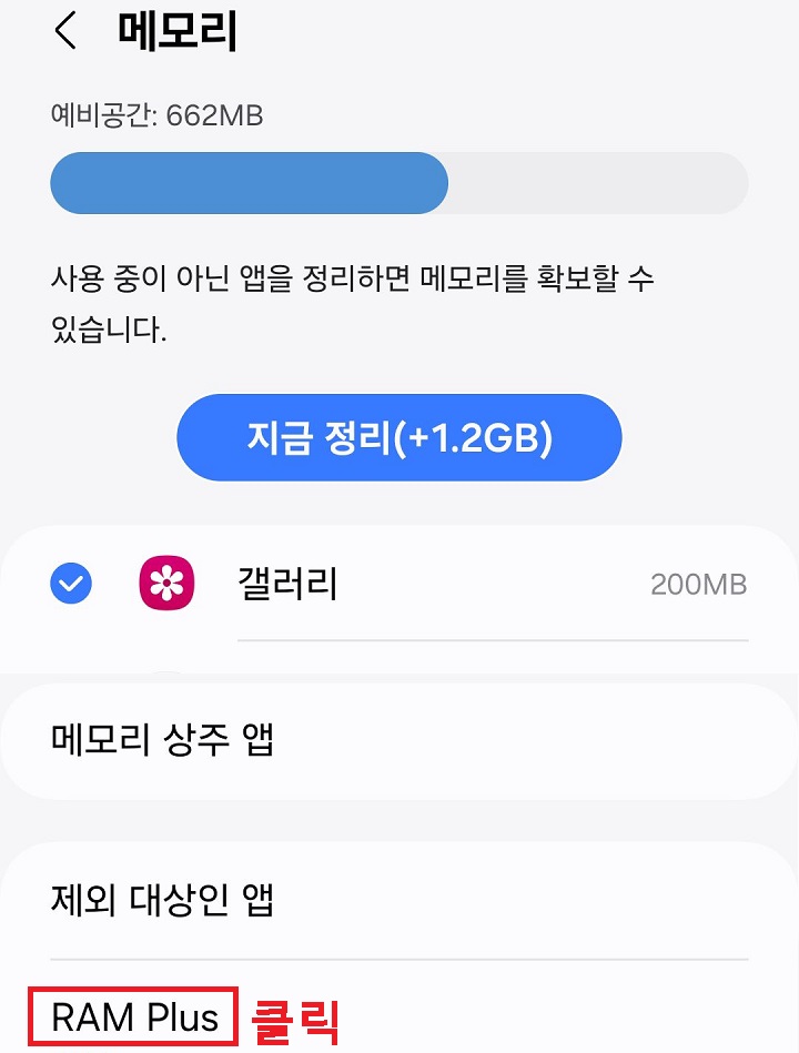 RAM PLUS 메뉴 클릭함
