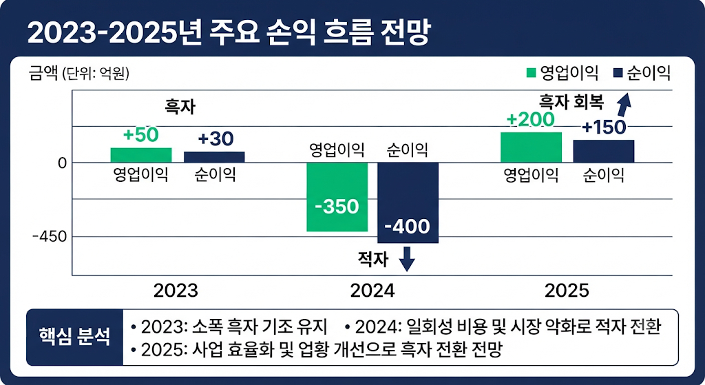 SK증권의 2023년부터 2025년까지 영업이익과 순이익 흑자전환 흐름을 보여주는 그래프