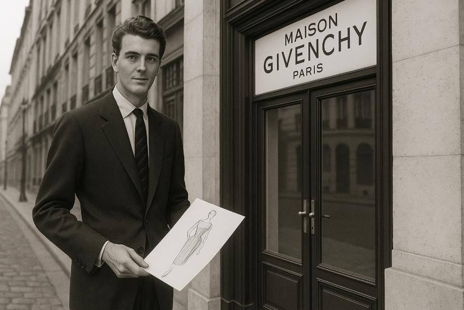 1950년대 파리에서 지방시가 자신의 패션 하우스를 창립하는 장면