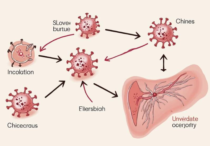 수두-대상포진 바이러스의 생활사를 보여주는 일러스트레이션. 수두 감염부터 잠복기, 그리고 대상포진 발병까지의 과정이 시각적으로 표현되어 있습니다.