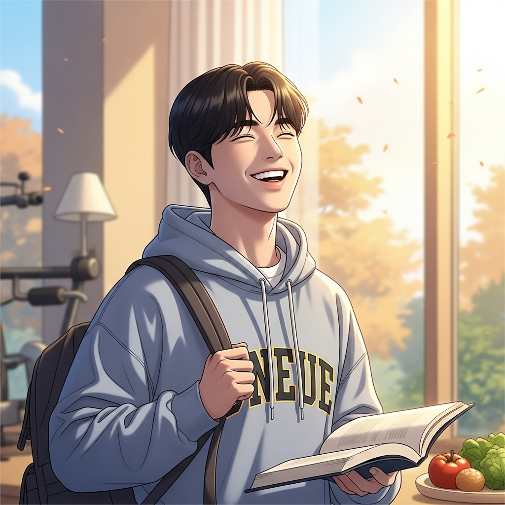 수능 시험을 마친 후 활기차고 행복해 보이는 한국 학생이 웃고 있는 모습, 새로운 시작과 건강한 미래를 상징하는 밝고 희망찬 배경.