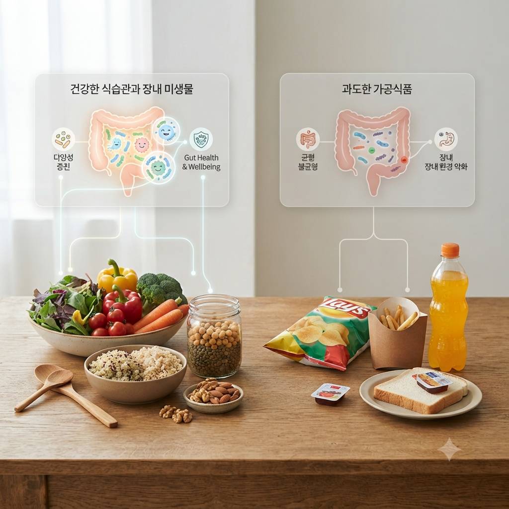 건강한 식품과 가공식품이 함께 놓인 식탁과 장 건강을 상징하는 일러스트