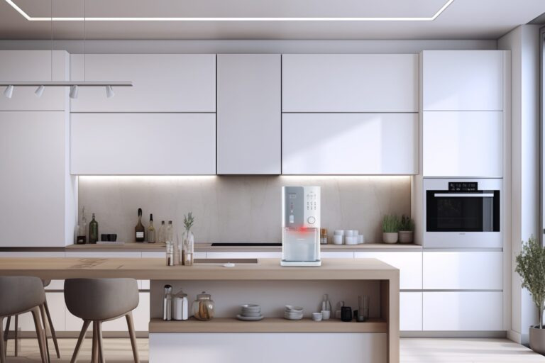 A modern kitchen with a Cuckoo water purifier installed, featuring a sophisticated design and luxurious stainless steel material.