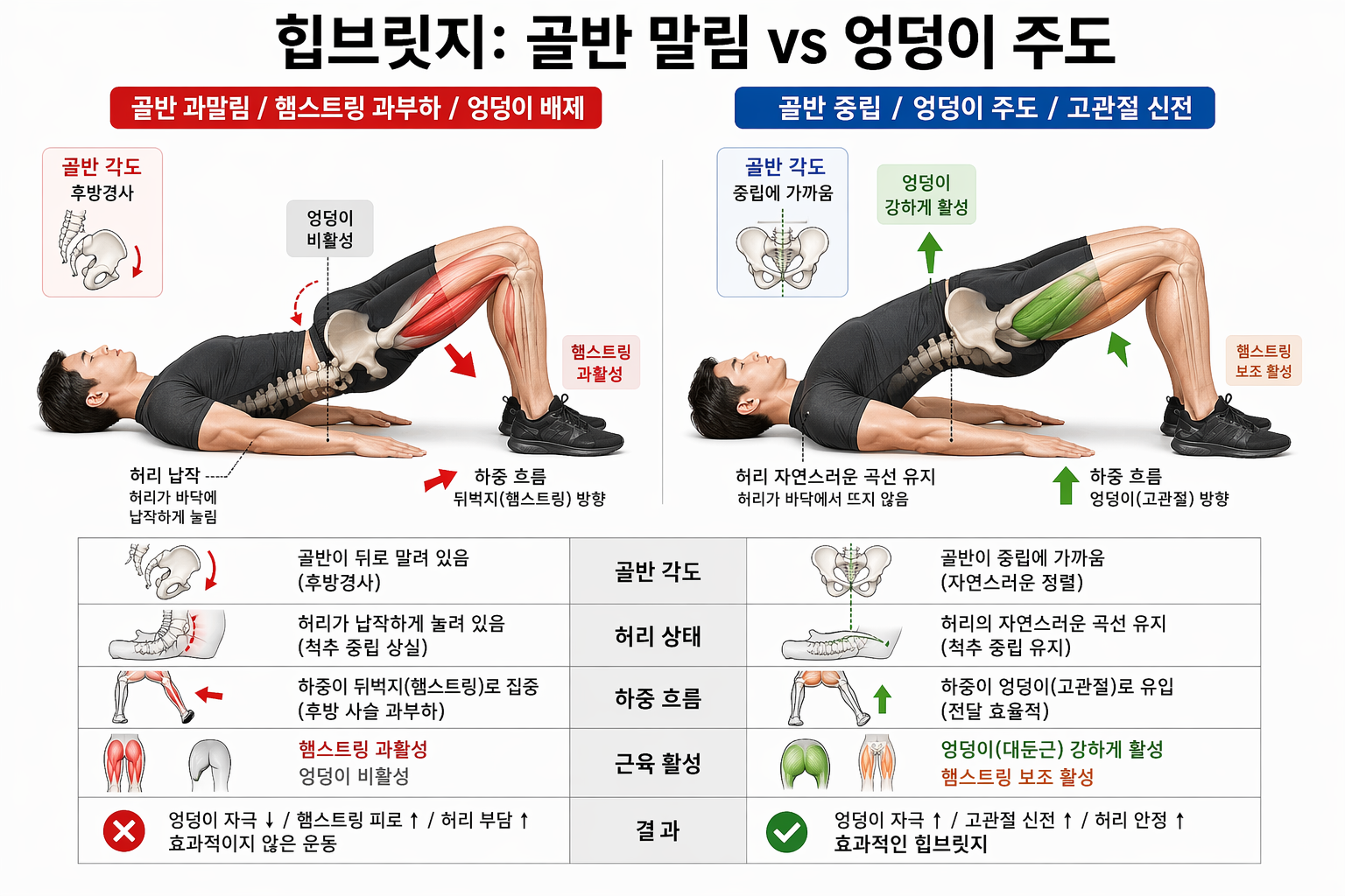 “힙브릿지: 골반 말림 vs 엉덩이 주도”