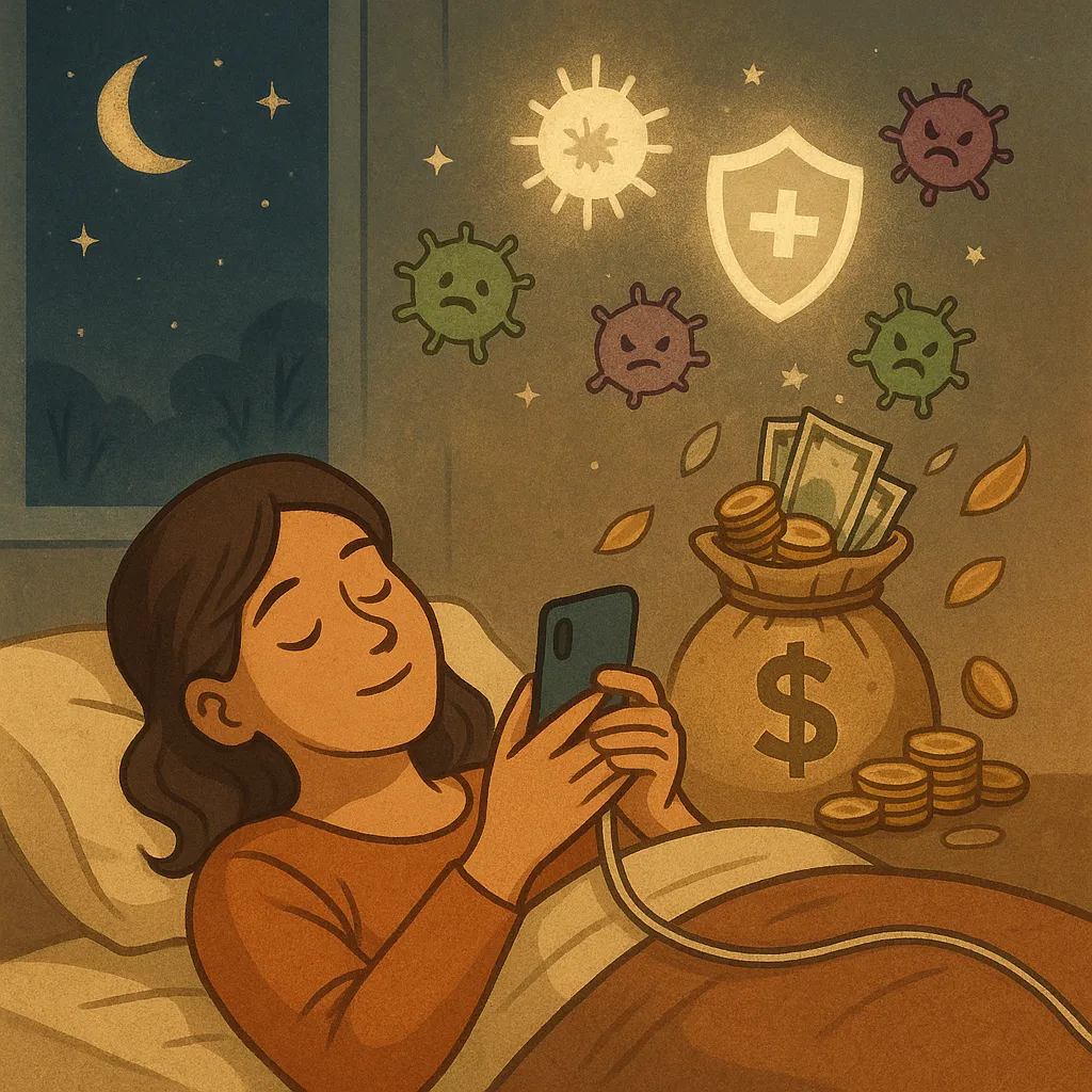 밤하늘-달빛-아래-평온하게-잠든-여성-머리-위에-백혈구-아이콘과-방패-상징이-빛나며-세균을-막아내는-장면-수면과-면역력-강화-강조