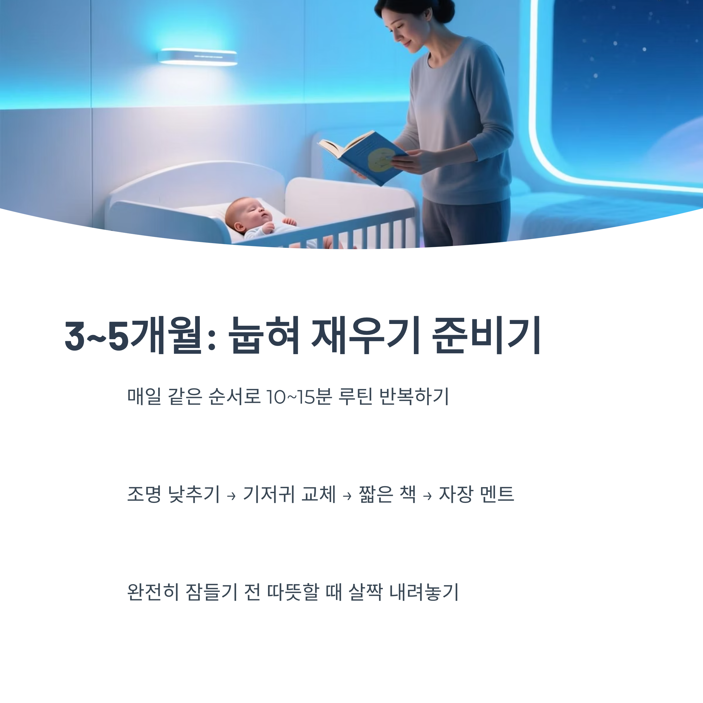 눕혀 재우기 시작 신호 4가지를 정리한 아기 발달 인포그래픽 이미지
