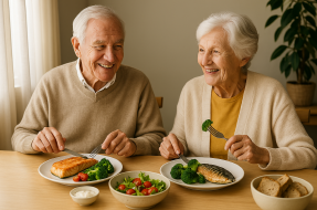 건강한 노년을 위해 신선한 생선 요리를 함께 즐기는 실버세대 부부의 식사 장면