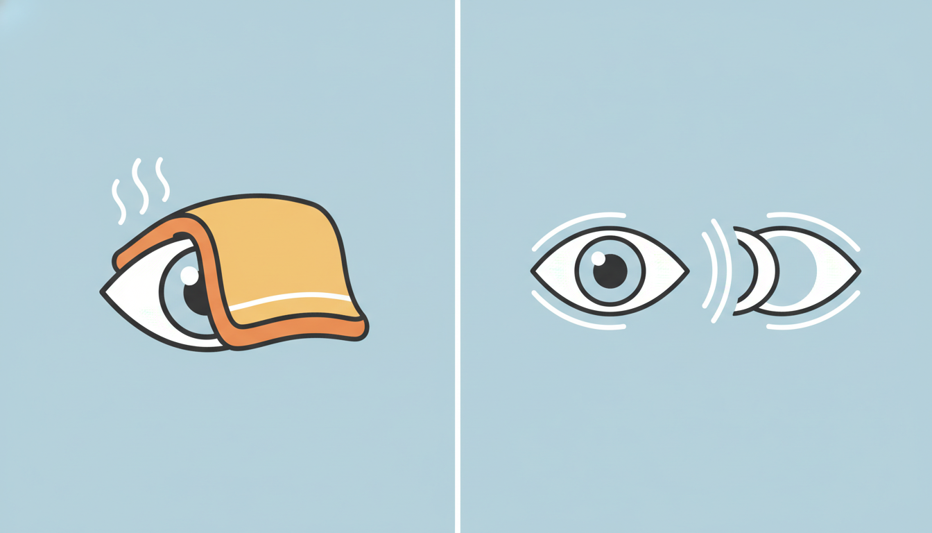 왼쪽에는 눈 위에 따뜻한 수건을 얹고 있는 모습으로 온찜질을, 오른쪽에는 눈을 깜빡이는 모습을 단순화하여 표현한 벡터 아트. 안구건조증 개선을 위한 집에서의 홈케어 방법을 시각적으로 보여줍니다.