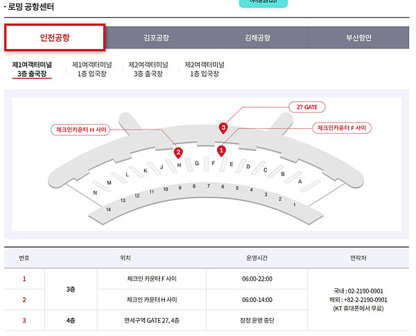 인천공항 제1 여객 터미널 KT 로밍센터 안내