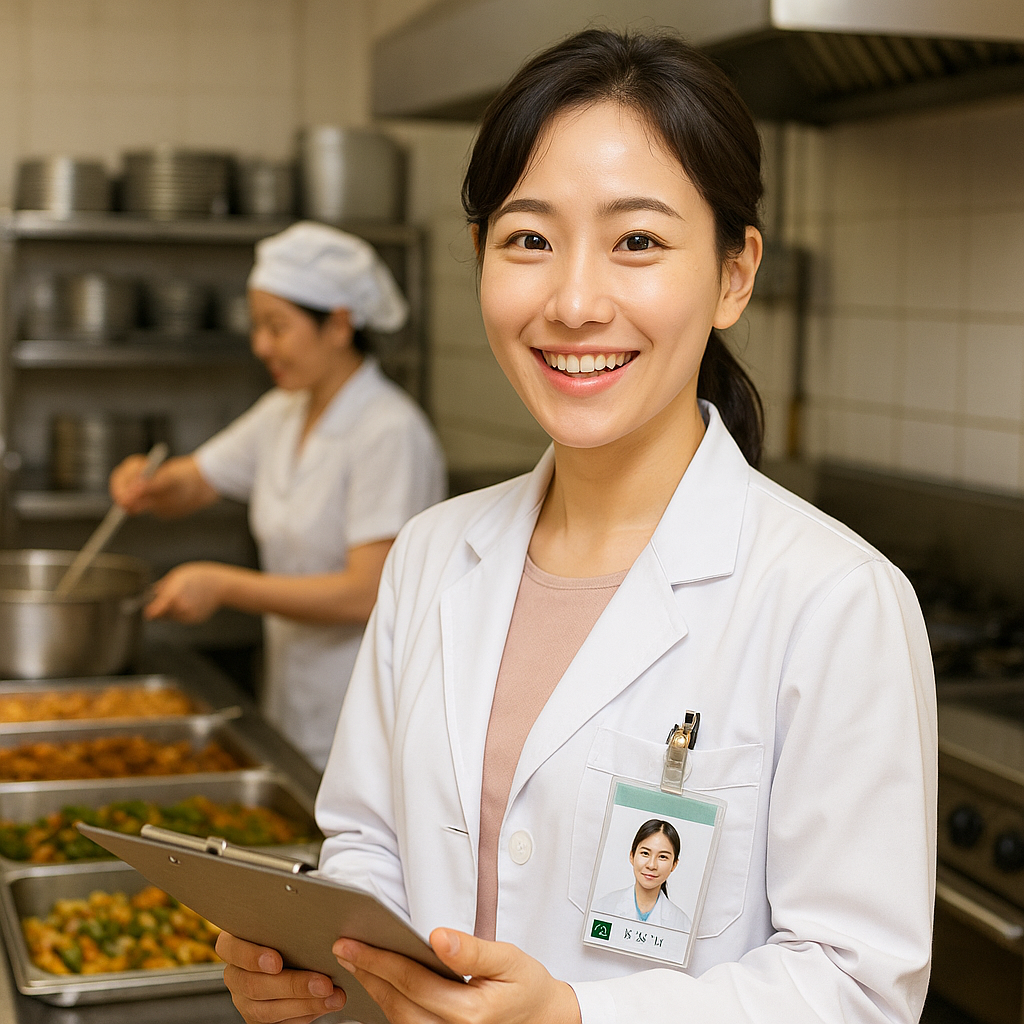 조리실에서 식단 점검을 진행하는 영양사