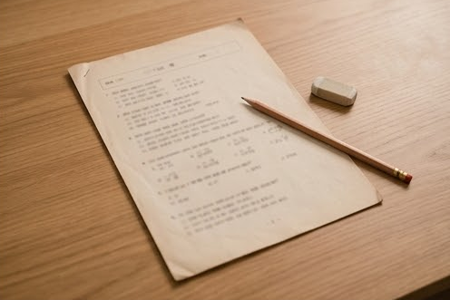 책상 위에 놓인 오래된 시험지와 연필, 지우개