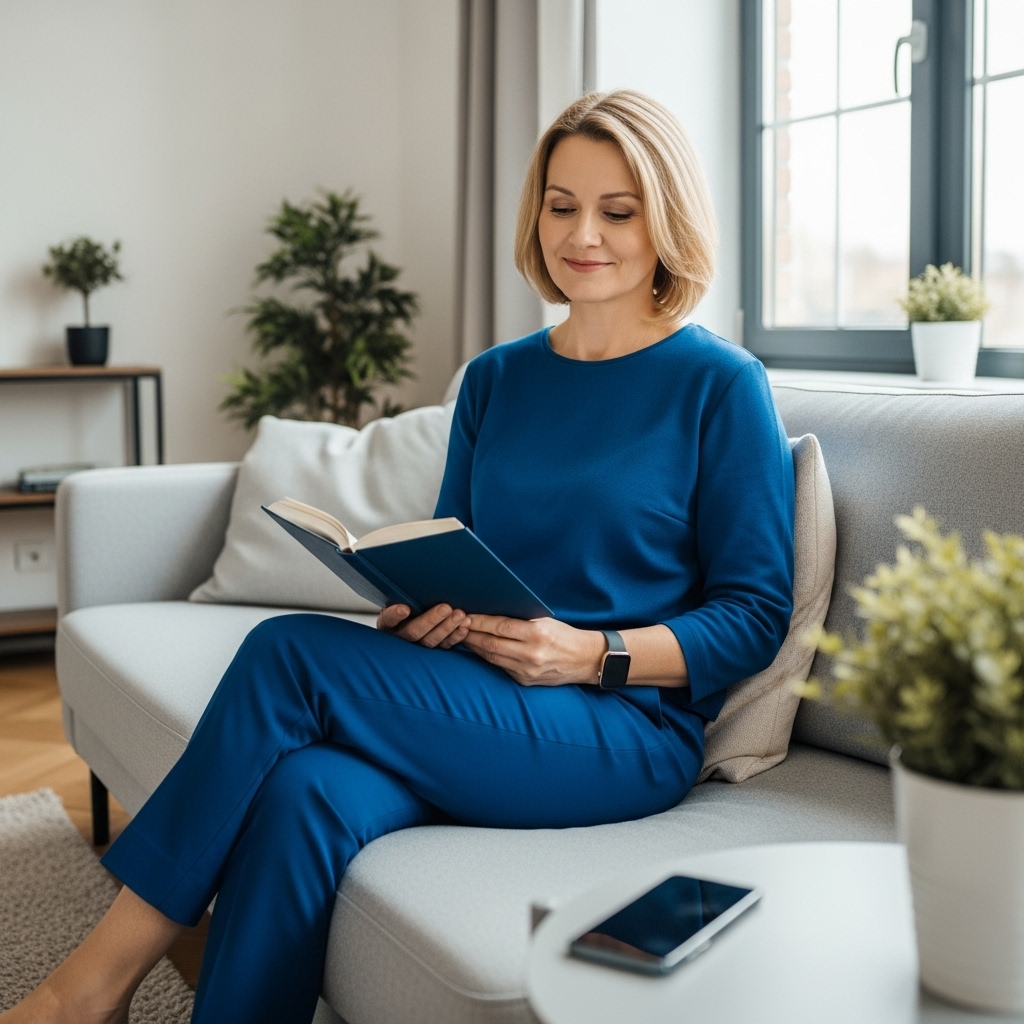클래식 블루 옷을 입은 40대 후반 여성이 소파에 앉아 평화롭게 책을 읽고 있는 모습. 옆 탁자에는 스마트폰이 놓여있어 디지털 디톡스를 암시하며, 잔잔한 자연광이 비치는 조용한 실내 풍경.