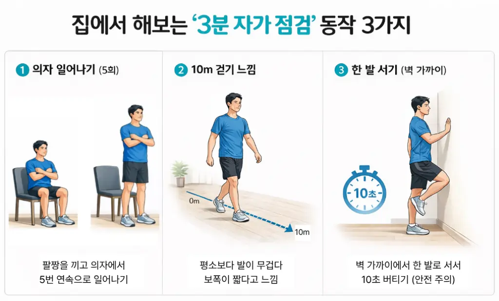 집에서 해보는 근감소증 3분 자가 점검 동작 3가지