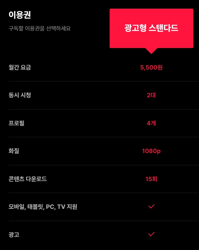 티빙-요금제-스탠다드-광고형-스탠다드-프리미엄-가격