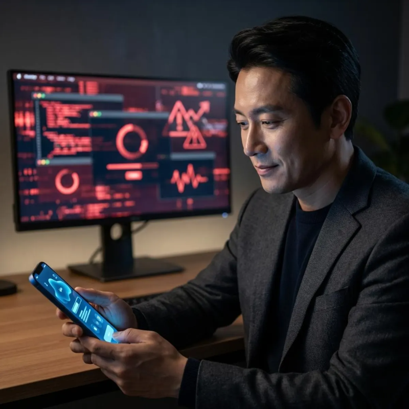 서버 마비와 접속 대기 상황 속에서 스마트폰 우회 경로를 통해 부동산 공시가격을 즉시 확인하고 안도하는 한국 남성의 모습