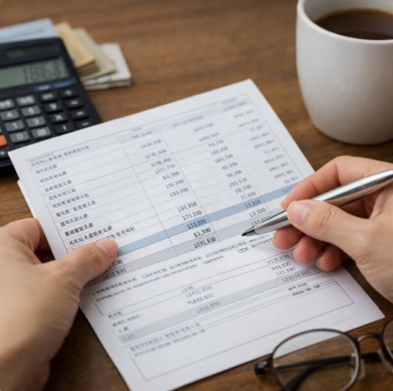 관리비 명세서를 확인하며 급탕비와 난방비 항목을 점검하는 장면