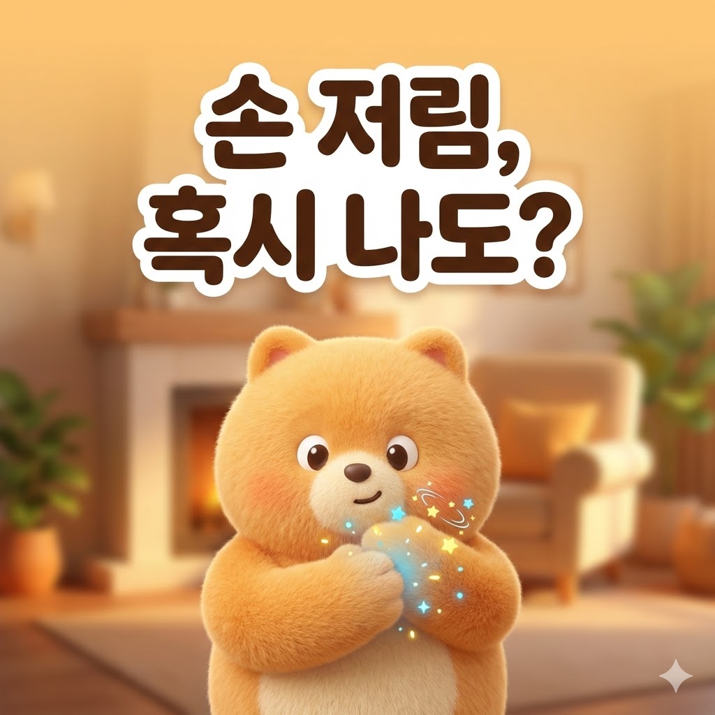 손이 저린 이유를 궁금해하며 자신의 손을 조심스럽게 살펴보는 귀여운 캐릭터. '손 저림, 혹시 나도?'라는 문구가 크게 적혀 있어 증상에 대한 궁금증을 유발한다.