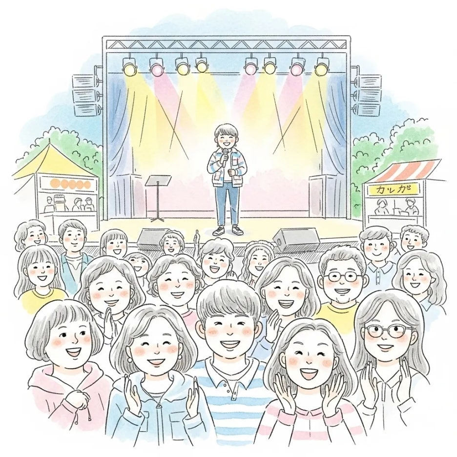 야외 무대에서 즐거운 공연을 관람하는 사람들