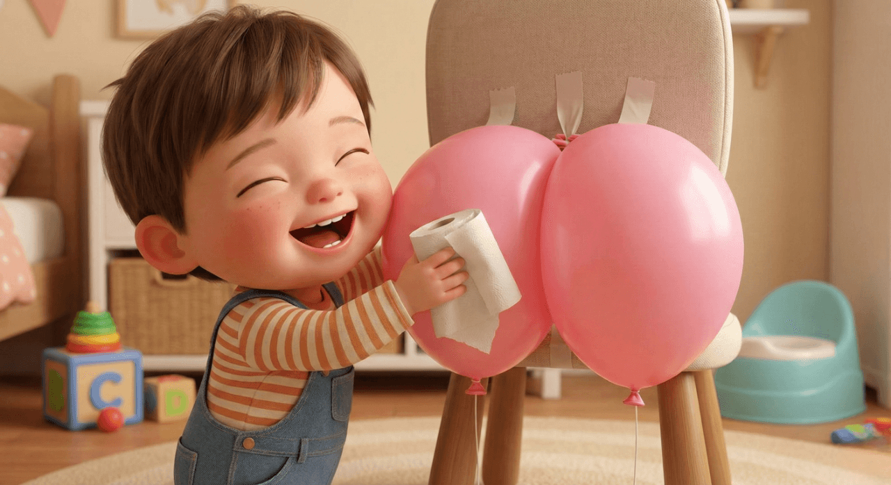 아이가 풍선 뒤에 휴지를 대고 닦는 시늉을 하며 배변 뒤처리 연습을 재미있는 놀이처럼 하고 있는 모습