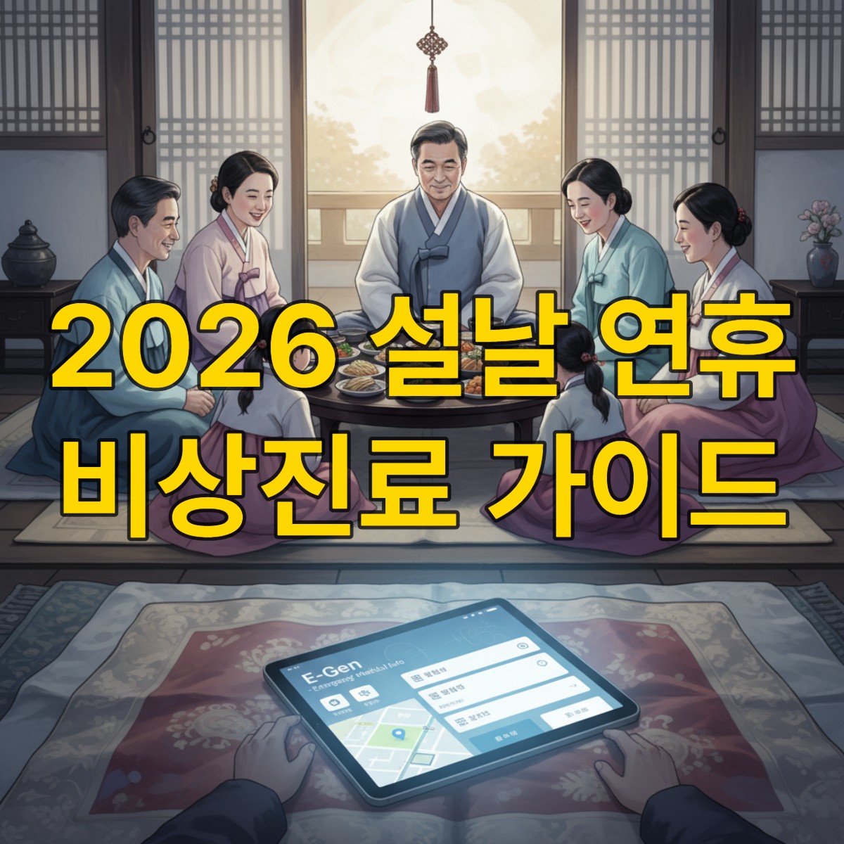 2026년 설날 연휴, 전통적인 가족 모임과 현대적인 비상 진료 앱 E-Gen이 어우러져 의료 공백 없이 안전하게 연휴를 보내는 모습을 담은 이미지.